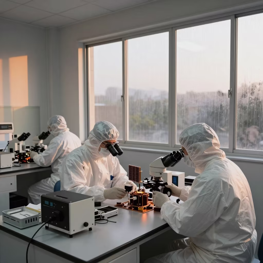 Satellite Technicians in Clean Room at Golden Hour in at a microscopy bench near Oral