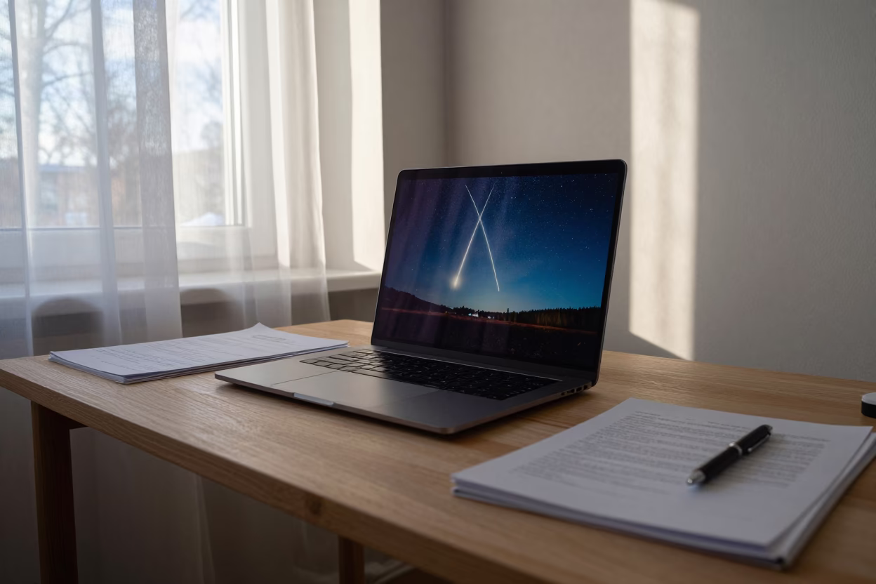 Satellite Trail Over Helsinki Desk Morning in on a writing desk in Helsinki