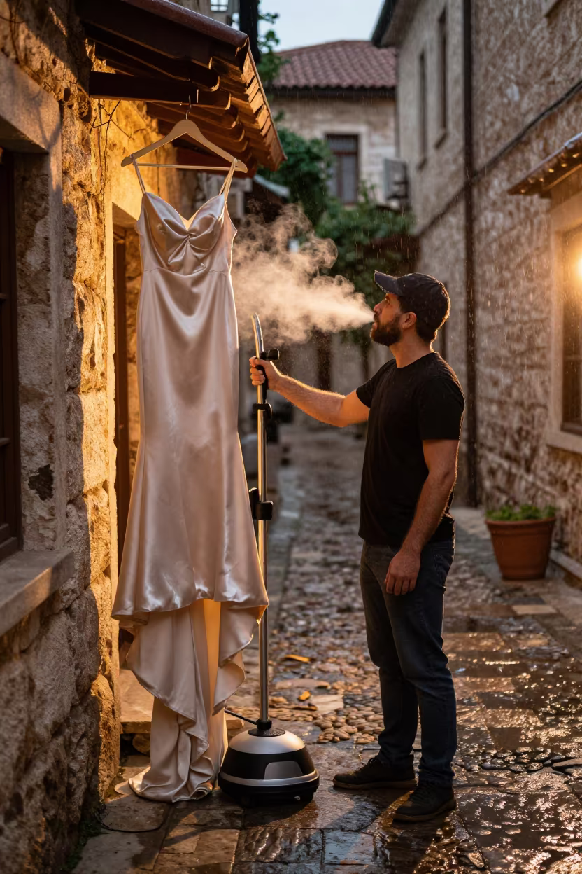 Satin Eveningwear Steaming in Aydın Stone Lane in in a stone lane between old facades in Aydın