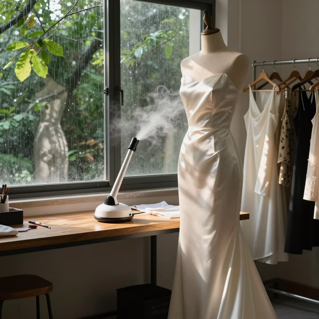 Satin Eveningwear Steaming in Catia Atelier in inside a couture atelier in Catia La Mar