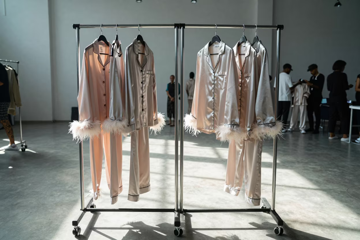 Satin Pajamas and Feathers Under Dawn Runway Lights in under runway rehearsal lights near Douala