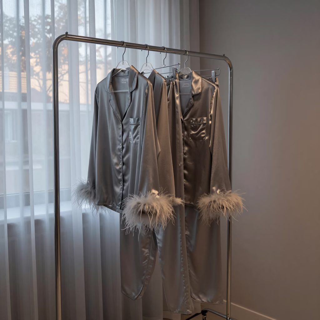 Satin Pajamas on Rack in Minimalist Showroom in inside a minimalist showroom near Massarah