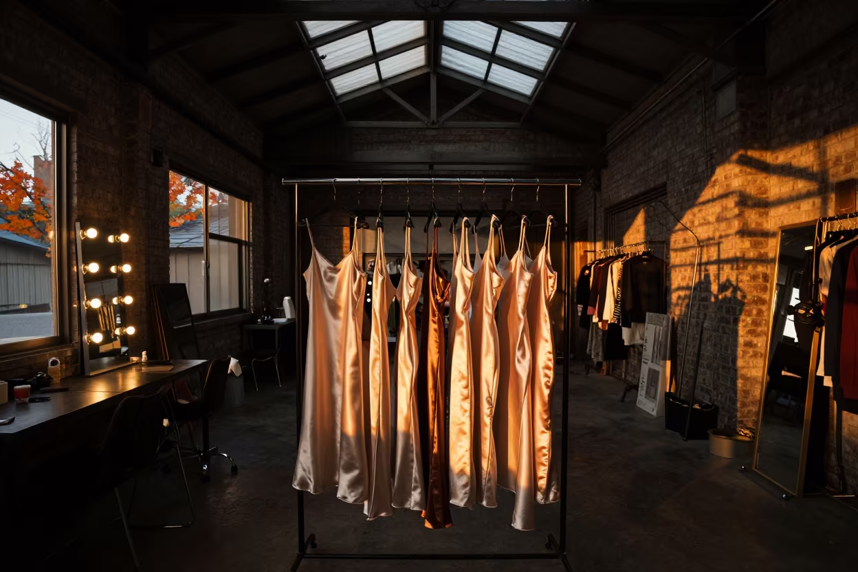 Satin Slip Dresses in Kanazawa Warehouse Light in beside a mirror lined with makeup bulbs in Kanazawa