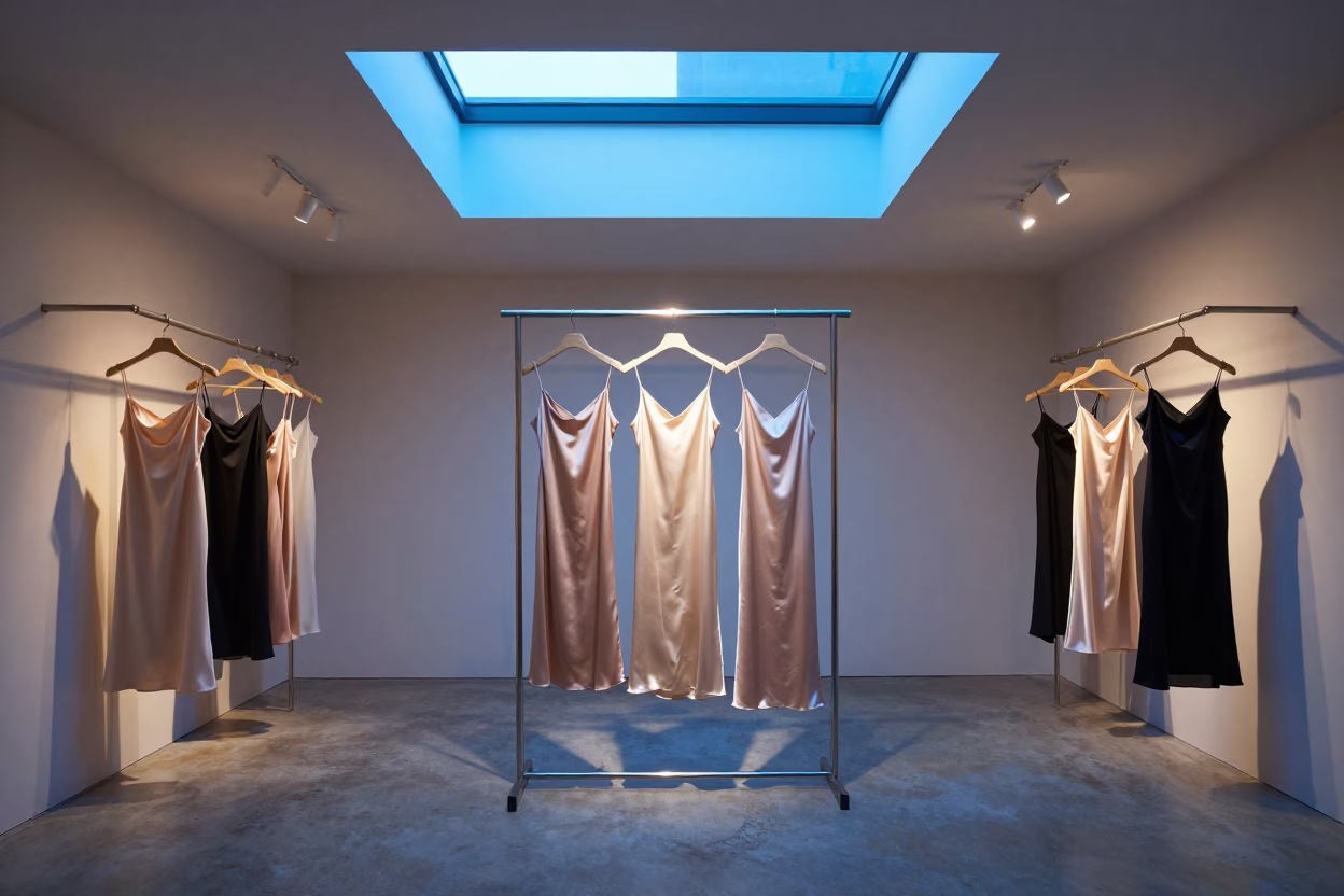 Satin Slip Dresses on Rack Under Warehouse Skylight in inside a minimalist showroom near Spotsylvania County