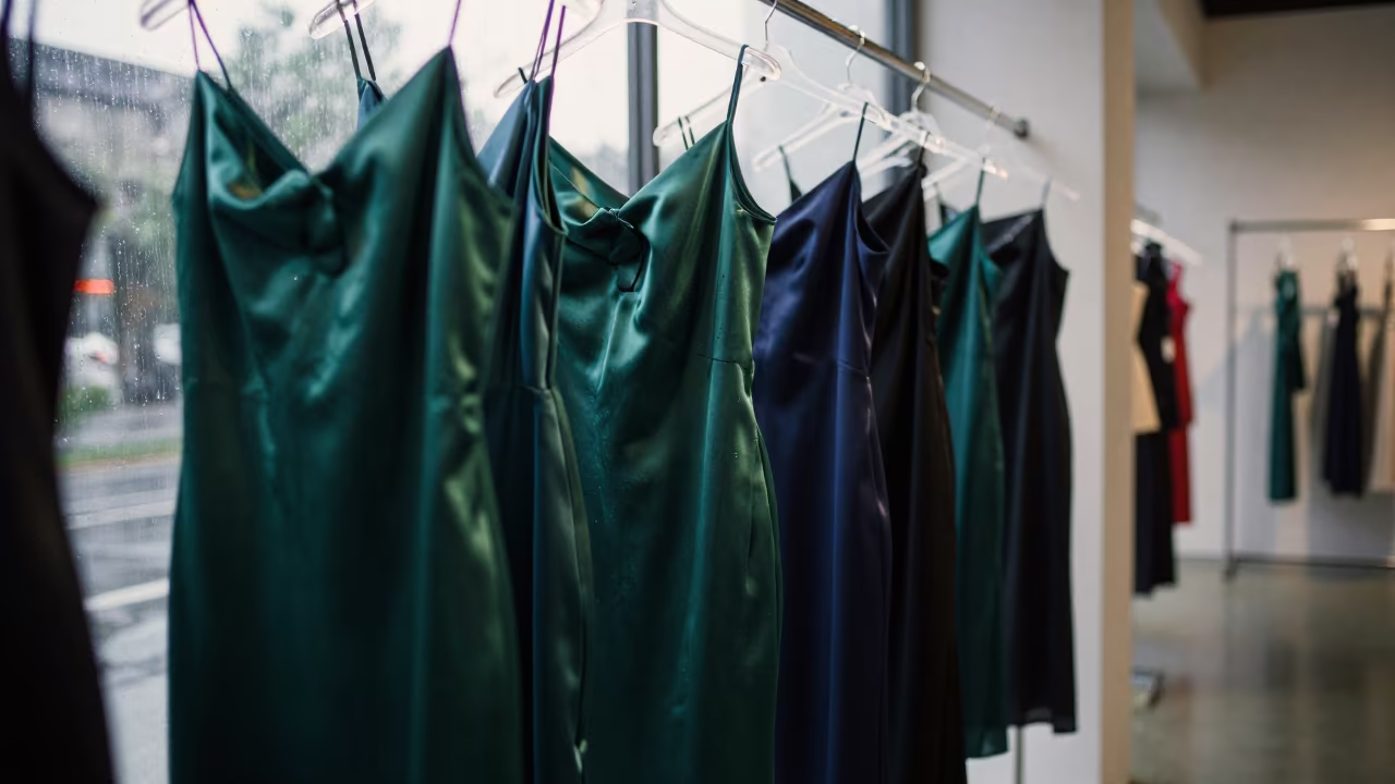 Satin Slip Dresses Under Skylight in inside a minimalist showroom near Sittwe