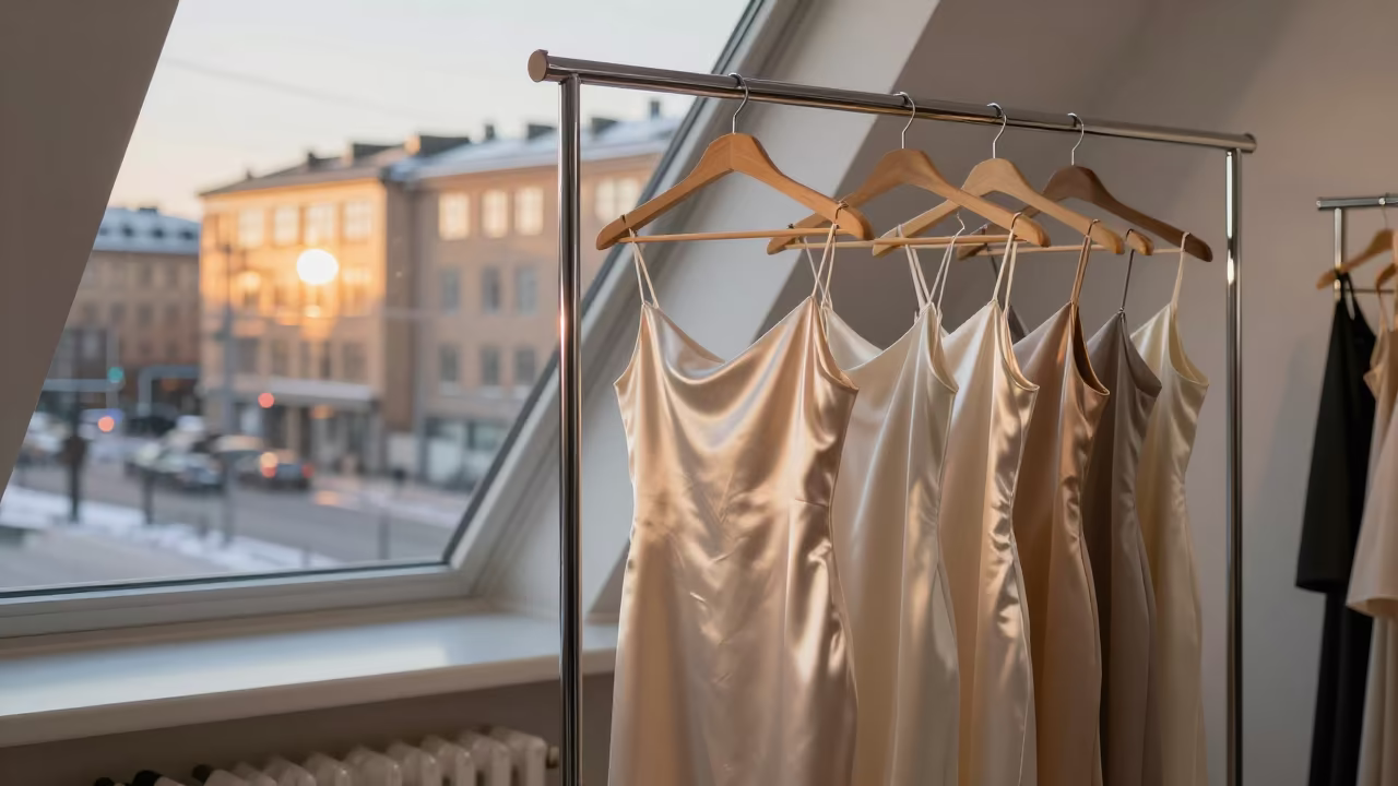 Satin Slip Dresses in Winter Atelier Light in inside a couture atelier in Gothenburg