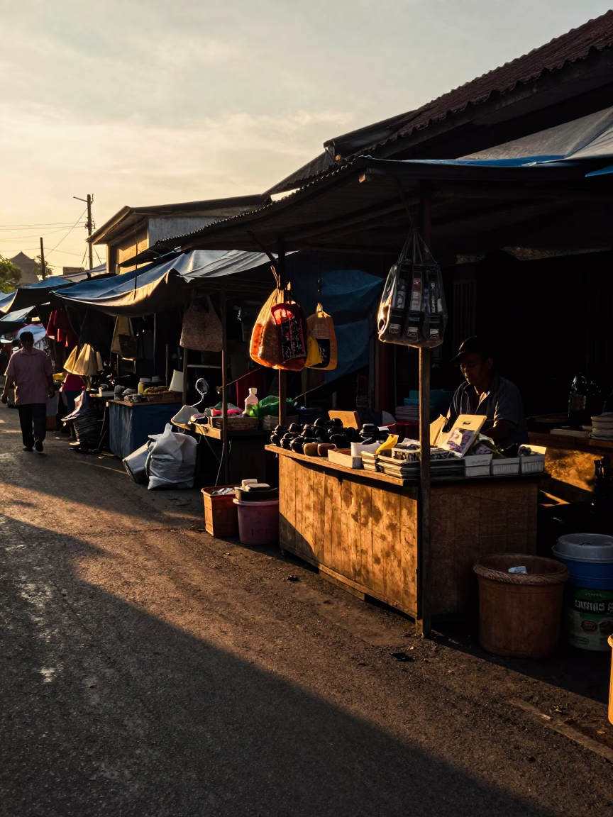 Saturated Sunset Light on Yogyakarta Street Market Stall with Hanging Books and Local Vendors in in Yogyakarta, Indonesia
