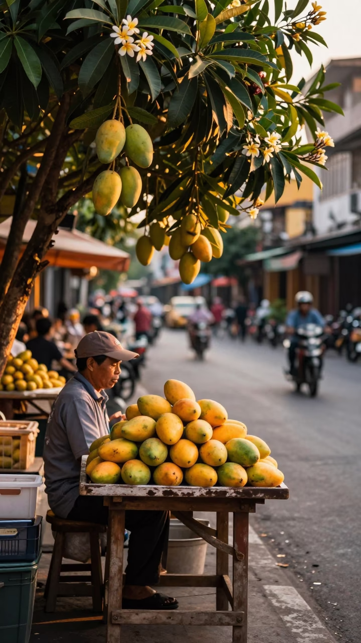 Saturated Sunset Street Scene in Ho Chi Minh City Vietnam with Mangoes and Frangipani in in Ho Chi Minh City, Vietnam