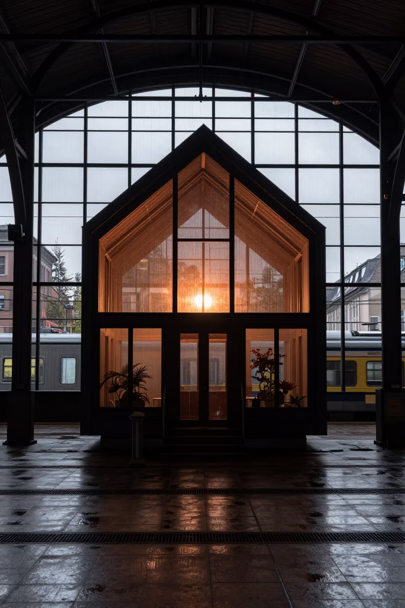 Saucer House Silhouette in Freiburg Terminal in inside a restored train terminal in Freiburg