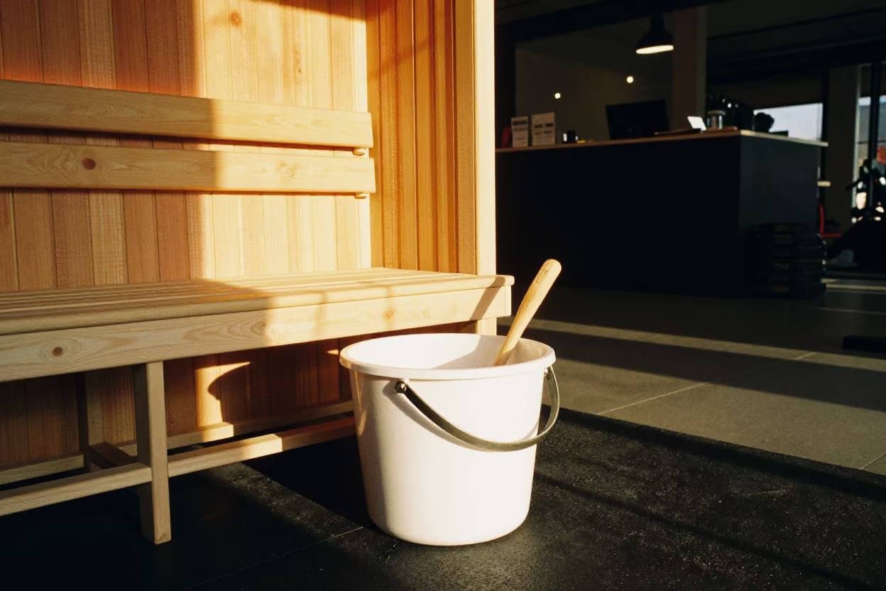 Sauna bucket shelf at gym with golden light in at a gym check-in desk near Quezon City