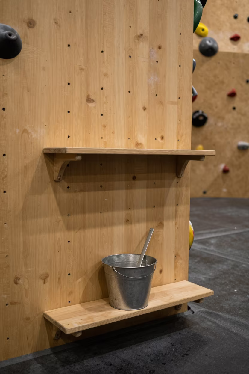 Sauna Bucket Shelf and Rubber Floor in Moscow Gym in inside a climbing gym warmup zone in Moscow
