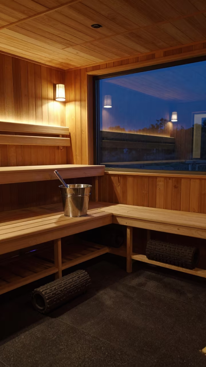 Sauna Bucket Shelf Side Light in inside a recovery lounge beside foam rollers in Osmaniye