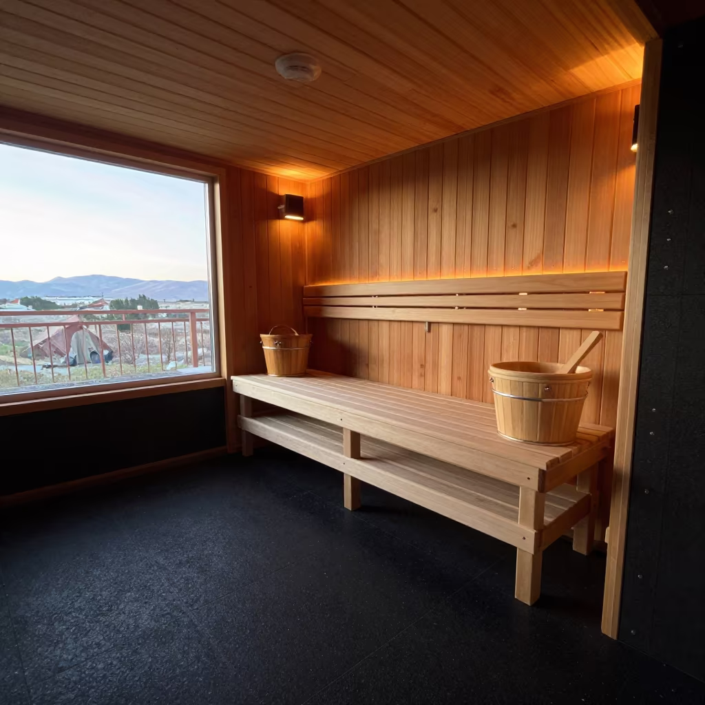 Sauna Bucket Shelf Sidelight Winter Indoor Scene in inside a climbing gym warmup zone near Salta