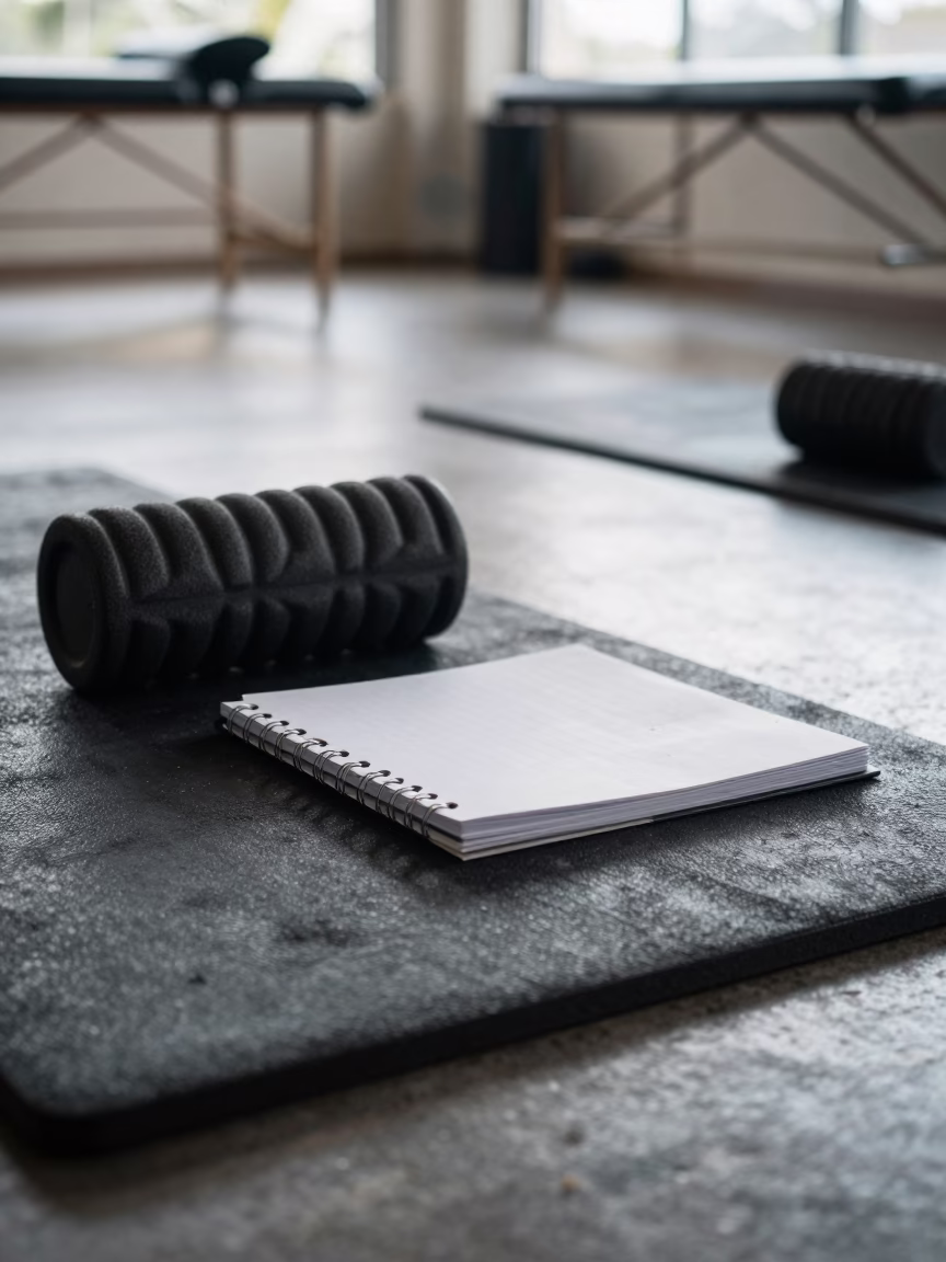 Sauna Cleaning Binder on Rubber Floor in Recovery Lounge in inside a recovery lounge beside foam rollers near Malindi