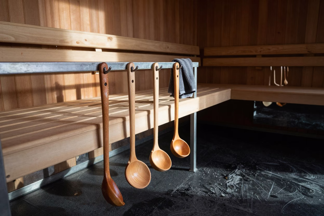 Sauna Ladle Hook Rail with Sweat and Residue in inside a strength room near Minna