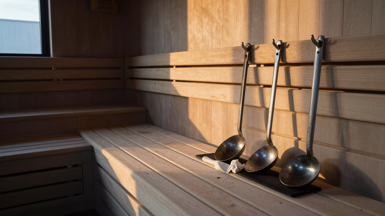 Sauna Ladle Rail Under Golden Recovery Light in at a gym check-in desk near Marolles, Brussels
