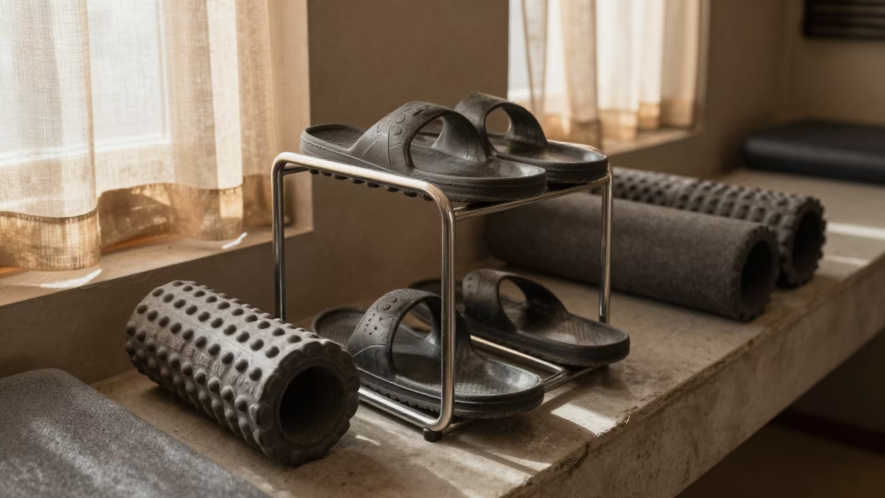 Sauna Sandal Sanitizer Rack in Ludhiana Lounge in inside a recovery lounge beside foam rollers in Ludhiana