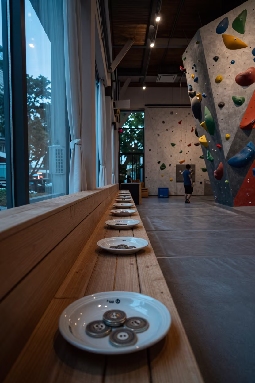 Sauna Token Dish on Dawn Light Floor in inside a climbing gym warmup zone in Shamian Island, Guangzhou