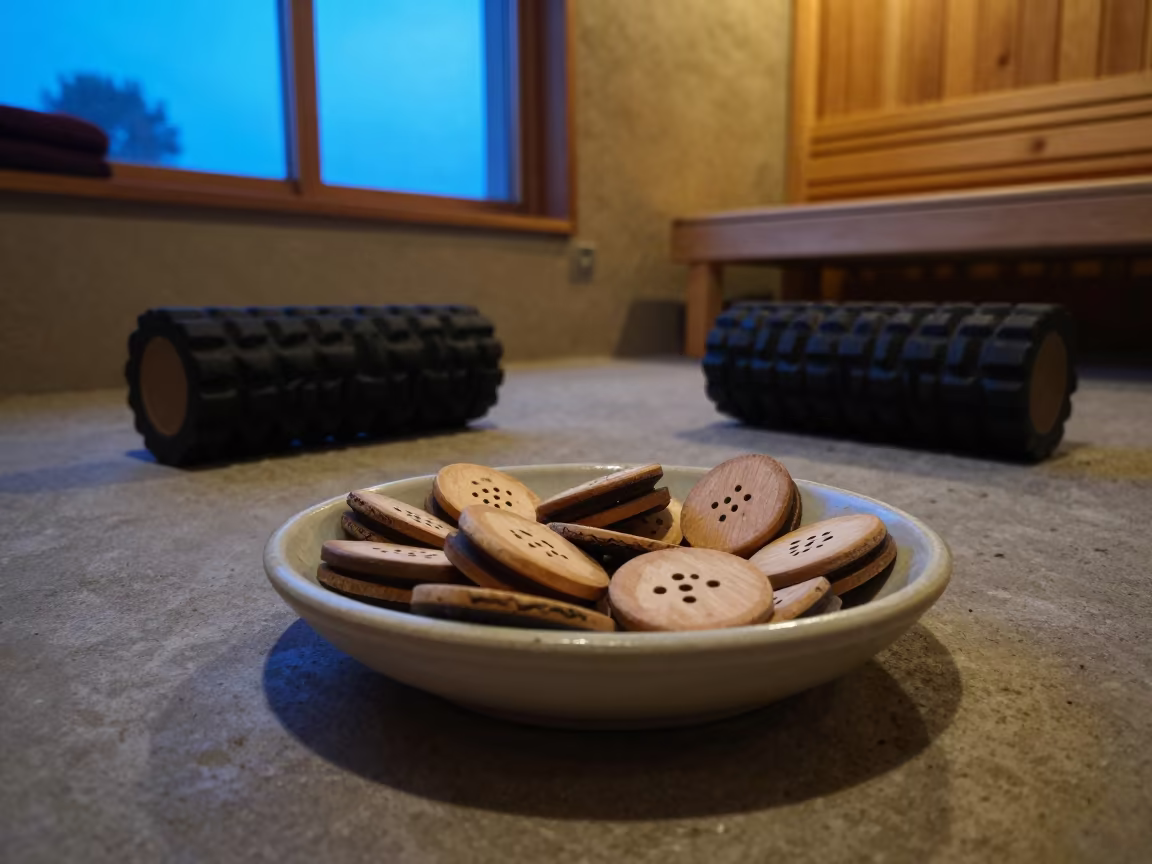 Sauna Token Dish Dawn Light Recovery Lounge in inside a recovery lounge beside foam rollers in Bahir Dar