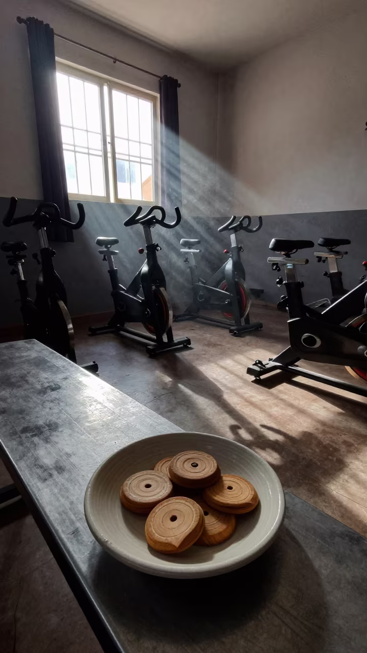 Sauna Token Dish in Dawn Light Spin Studio in inside a spin studio under class lights near Nouakchott