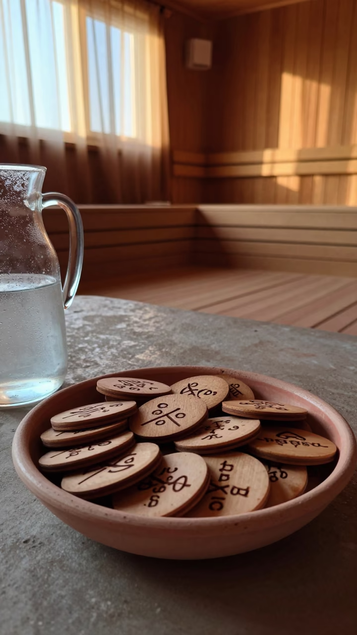 Sauna Tokens in Dawn Light at Daraa Yoga Studio in inside a yoga studio before the session begins in Daraa