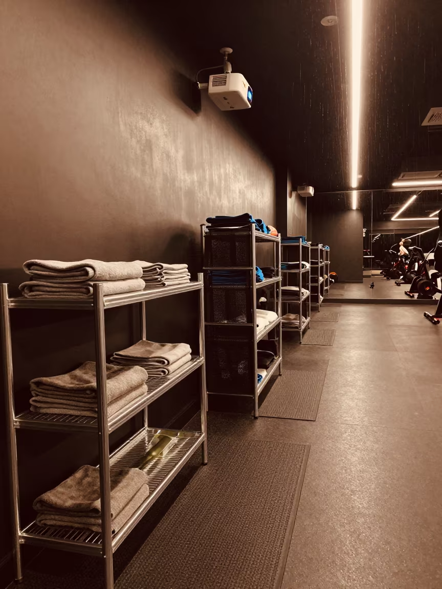 Sauna Towel Freezer Shelf in Spin Studio in inside a spin studio under class lights in Sumbawanga