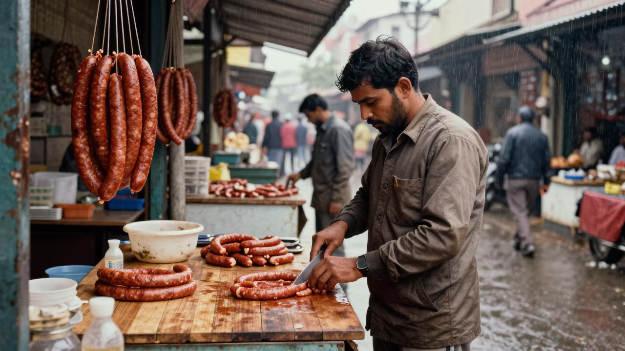 Sausage Vendor Slicing Kielbasa in Bareilly Market Hall in in a covered bazaar aisle in Bareilly