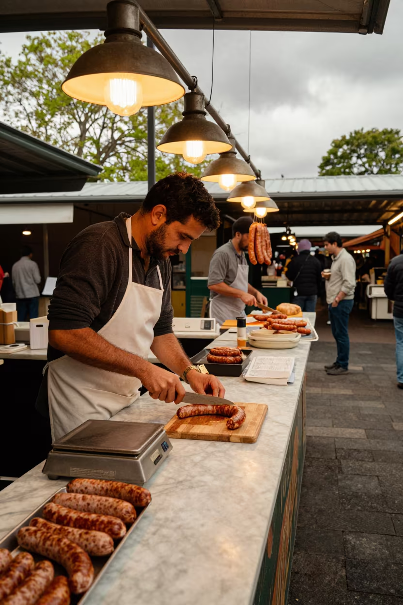 Sausage Vendor Slicing Kielbasa in Brisbane Market Hall in under a market canopy in Brisbane