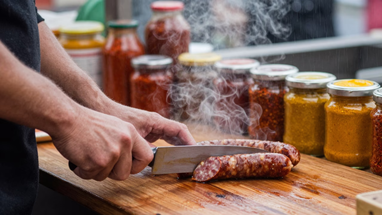Sausage Vendor Slicing Kielbasa at Spice Table in at a spice vendor's table in Victoria Seychelles