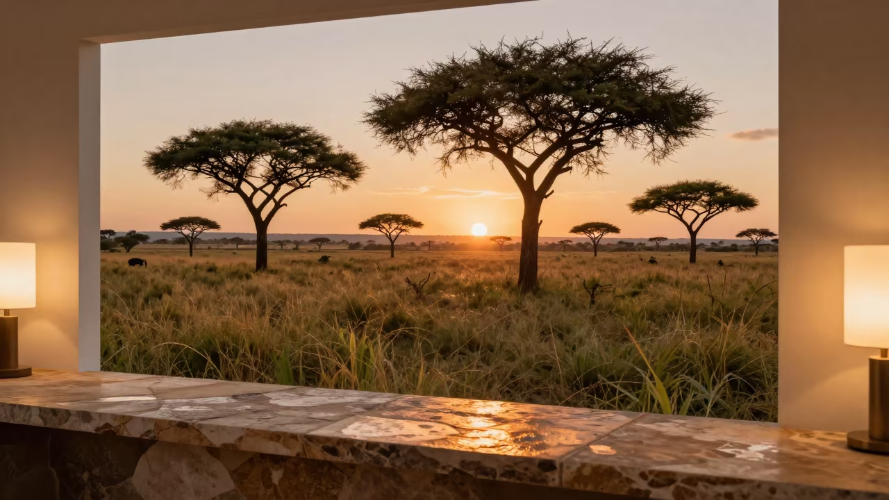 Savanna Grassland Acacia Sunset on Stone in on a stone ledge in Manta