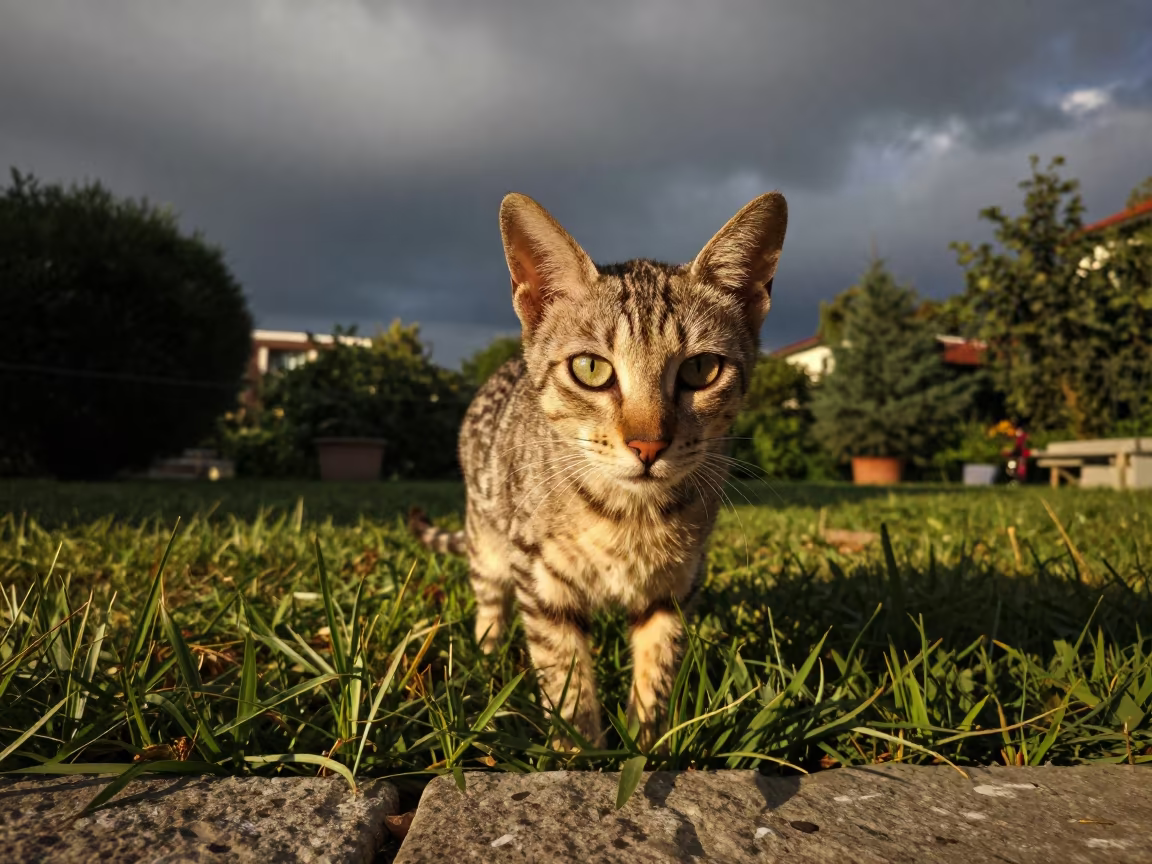 Savannah Cat in Amasya Garden with Rim Light in in a small yard with clipped grass, calm light, and the animal centered in frame in Amasya