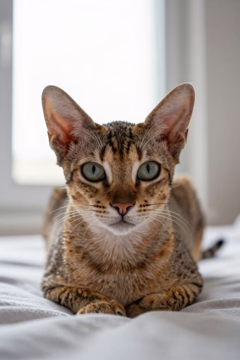 Savannah Cat Lounging on Bedspread Near Window in on a bedspread near a bright window with calm indoor light in Zadar