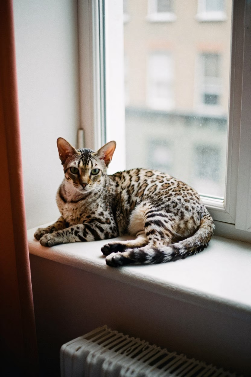Savannah Cat Lounging on Dublin Window Seat in on a window seat in a quiet apartment with soft side light in Dublin