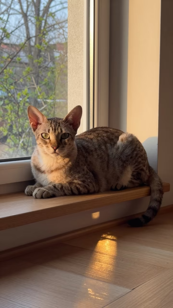 Savannah Cat Lounging on Window Seat Nanjing in on a window seat in a quiet apartment with soft side light in Nanjing