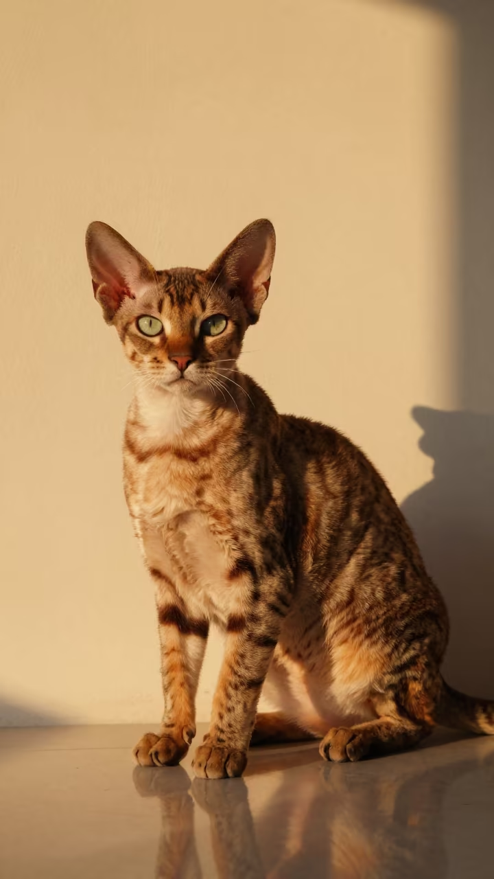 Savannah Cat Portrait Golden Hour Indoor in beside a plain plaster wall in soft indoor light with the animal centered in frame in Formosa