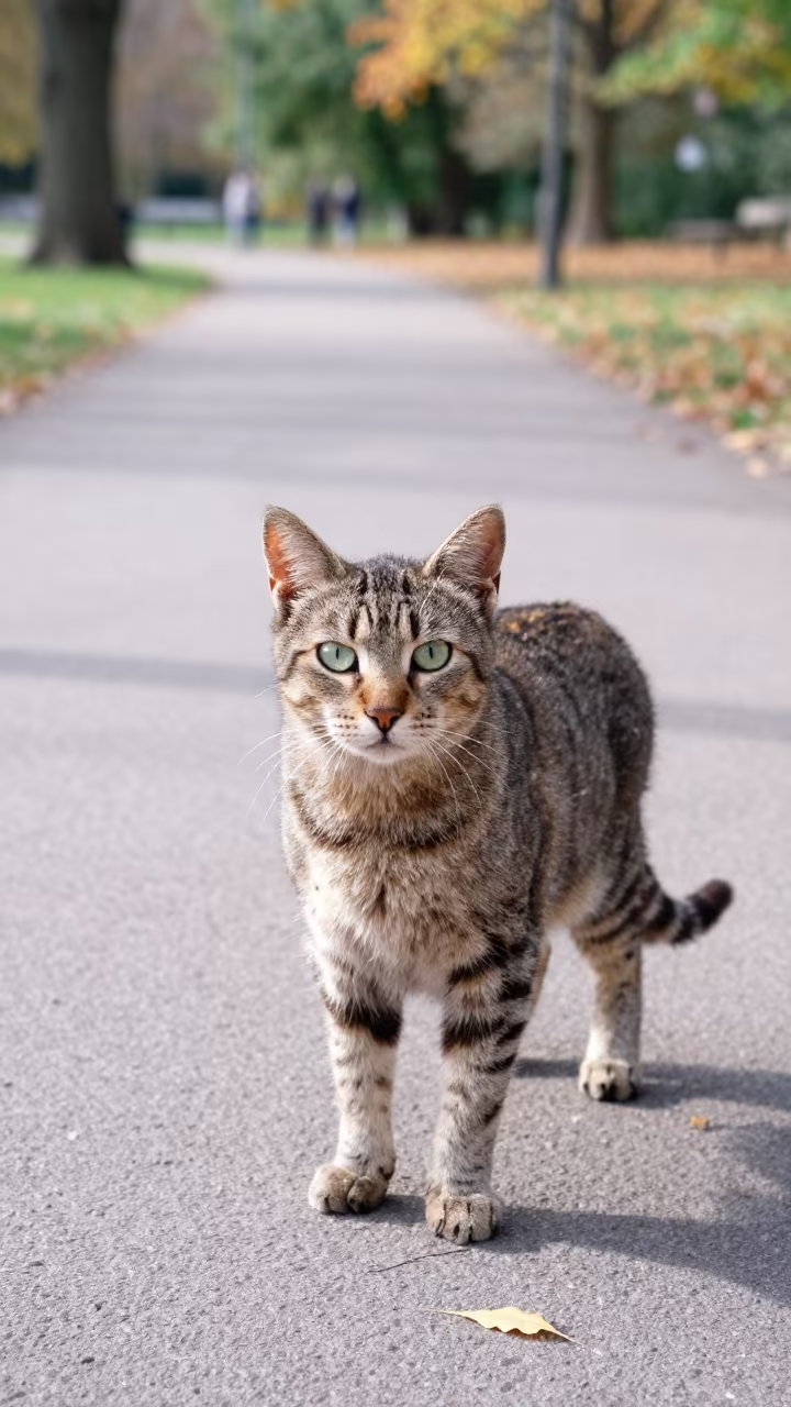 Savannah Cat Portrait on Dortmund Park Path in along a quiet park path with soft open shade and a clean background in Dortmund