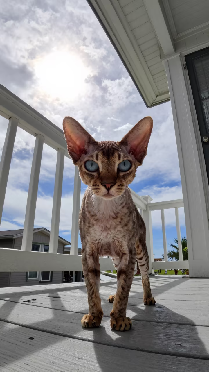 Savannah Cat Portrait on Shaded Casablanca Porch in on a shaded front porch with boards, railings, and eye-level framing near Casablanca