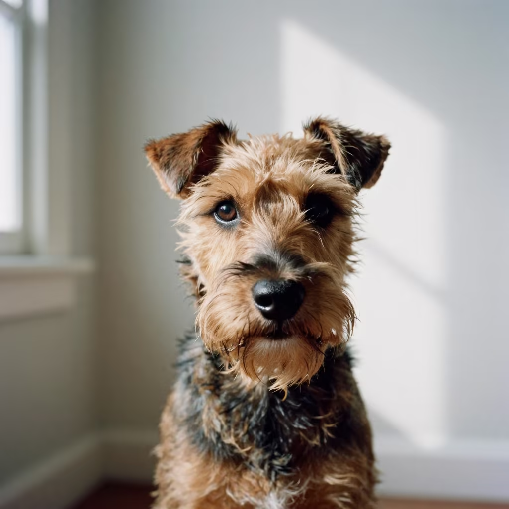 Savannah Studio Portrait of Manchester Terrier in in a quiet portrait studio with a plain backdrop and eye-level framing in Savannah