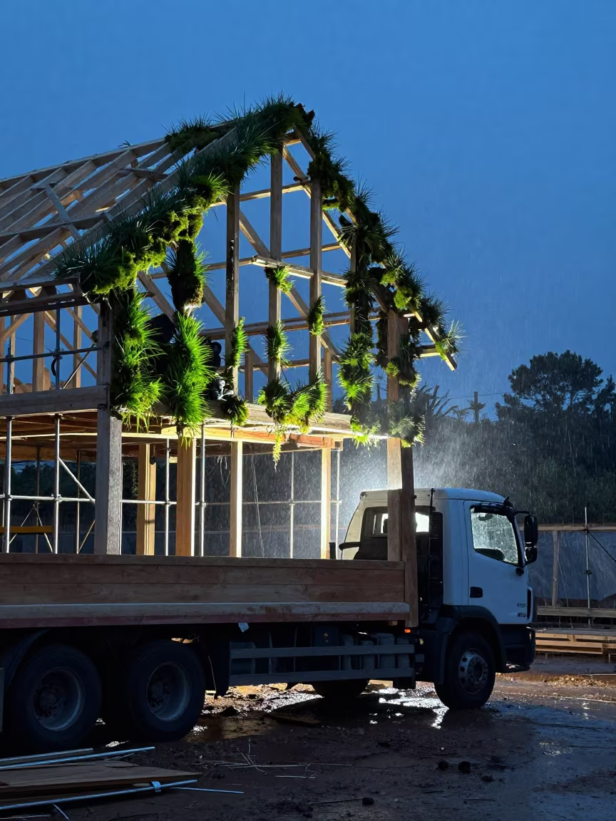 Sawdust Truss Delivery at Twilight Silhouette in along a scaffolded facade in Warnes