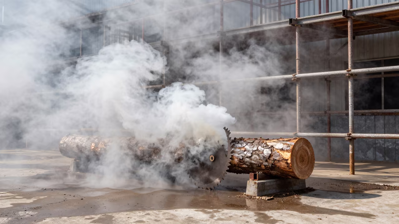 Sawmill Blade Cuts Log Amidst Downward Steam in on a scaffold platform near Fuzhou