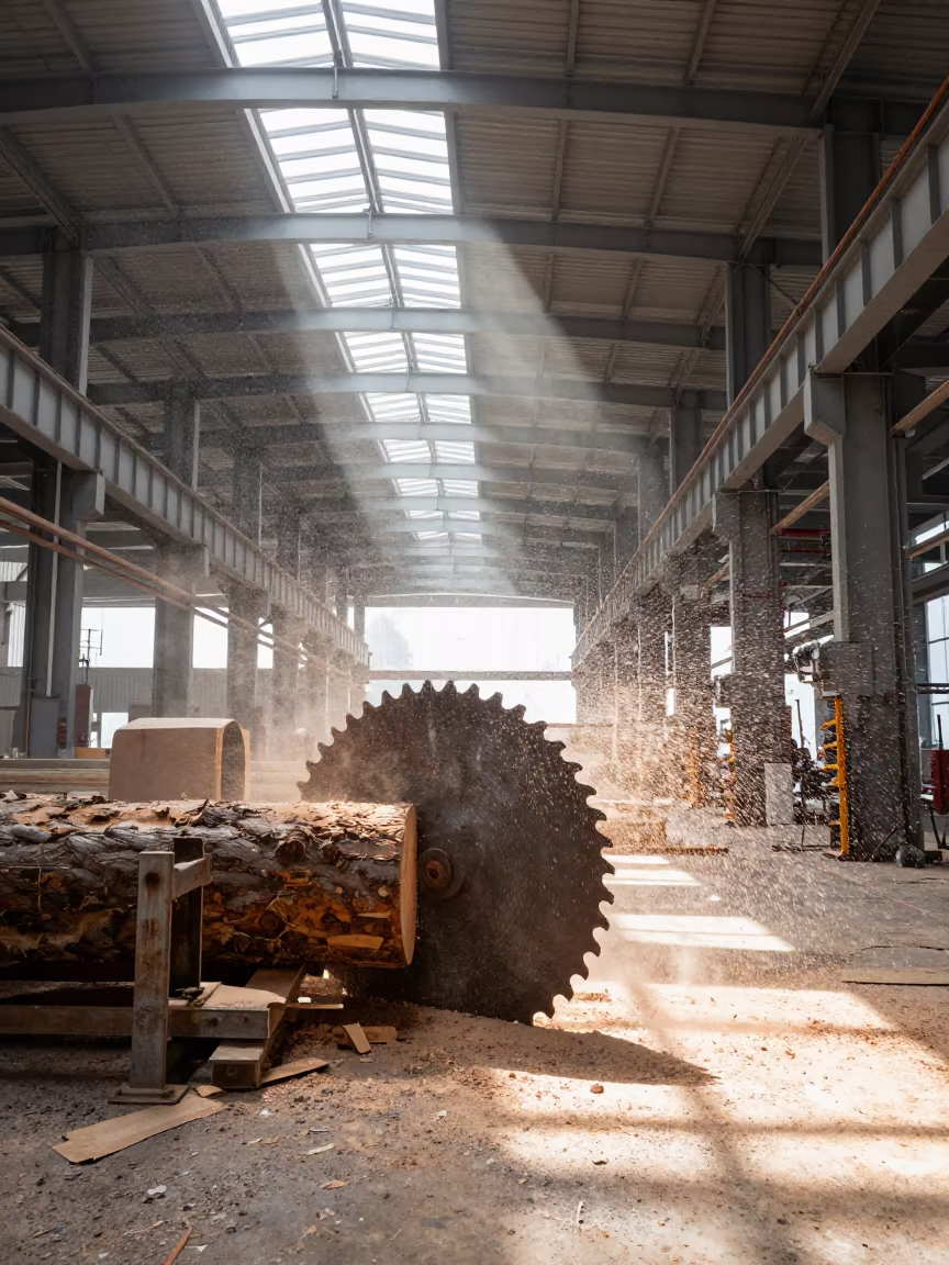 Sawmill Blade Cutting Fresh Log in Bright Light in in a turbine hall near Afyonkarahisar