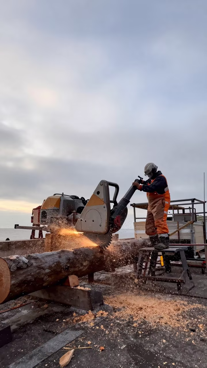 Sawmill Blade Cutting Fresh Log at Dawn in on a scaffold platform near Messina
