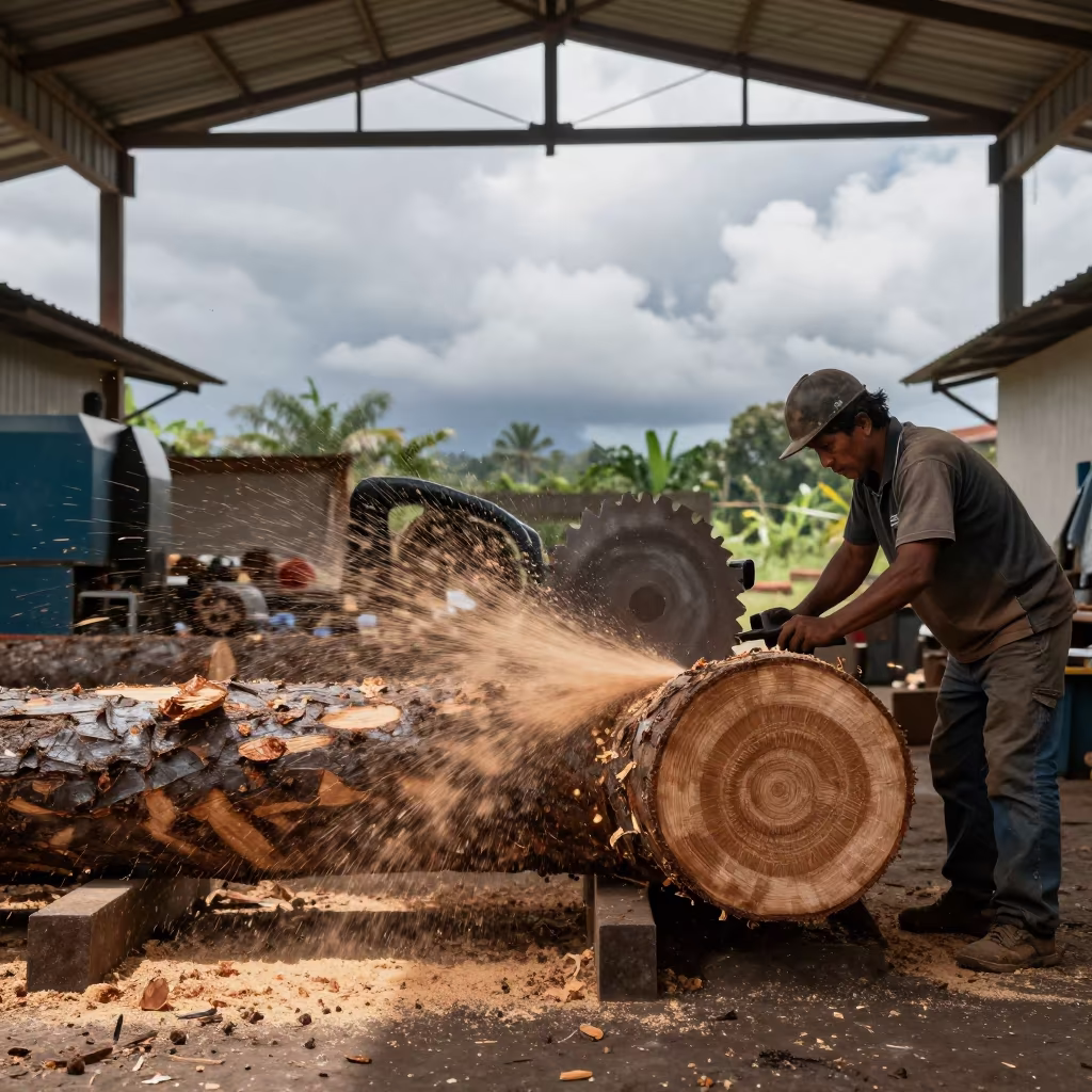 Sawmill Blade Cutting Fresh Log in Sucre Rainy Season in in a machine shop near Sucre