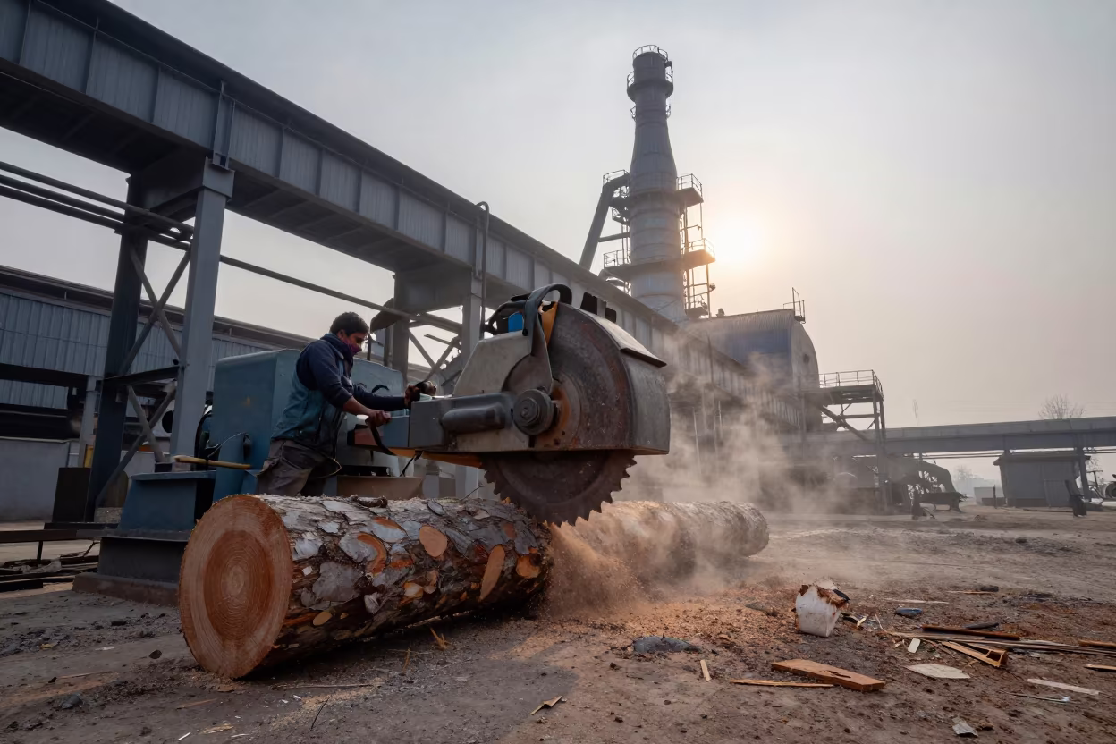 Sawmill Blade Cutting Log Near Blast Furnace in beside a blast furnace near Prayagraj