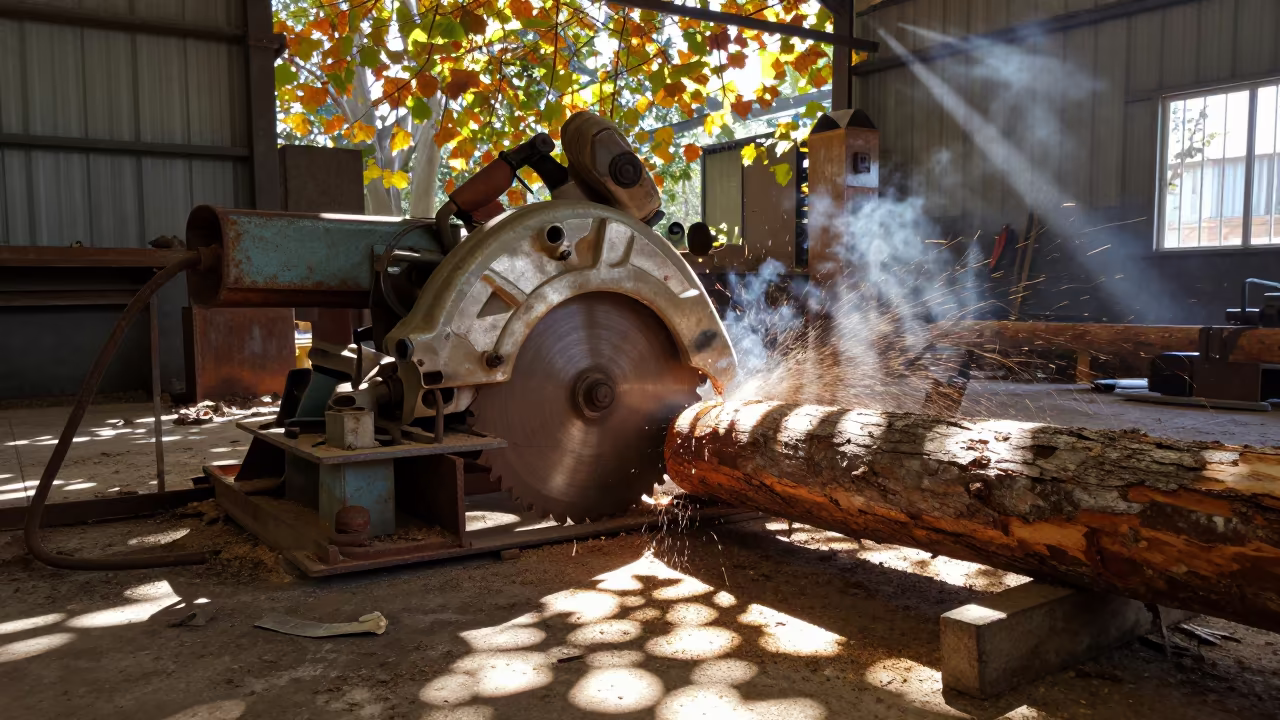 Sawmill Blade Cutting Log in Dappled Autumn Light in in a welding bay near Hermanus
