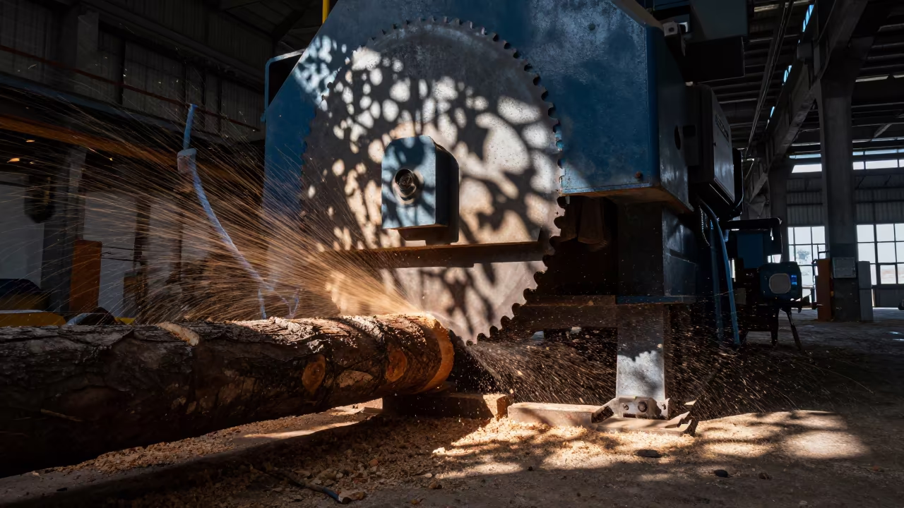 Sawmill Blade Cutting Log in Dappled Light in in a turbine hall near Wa