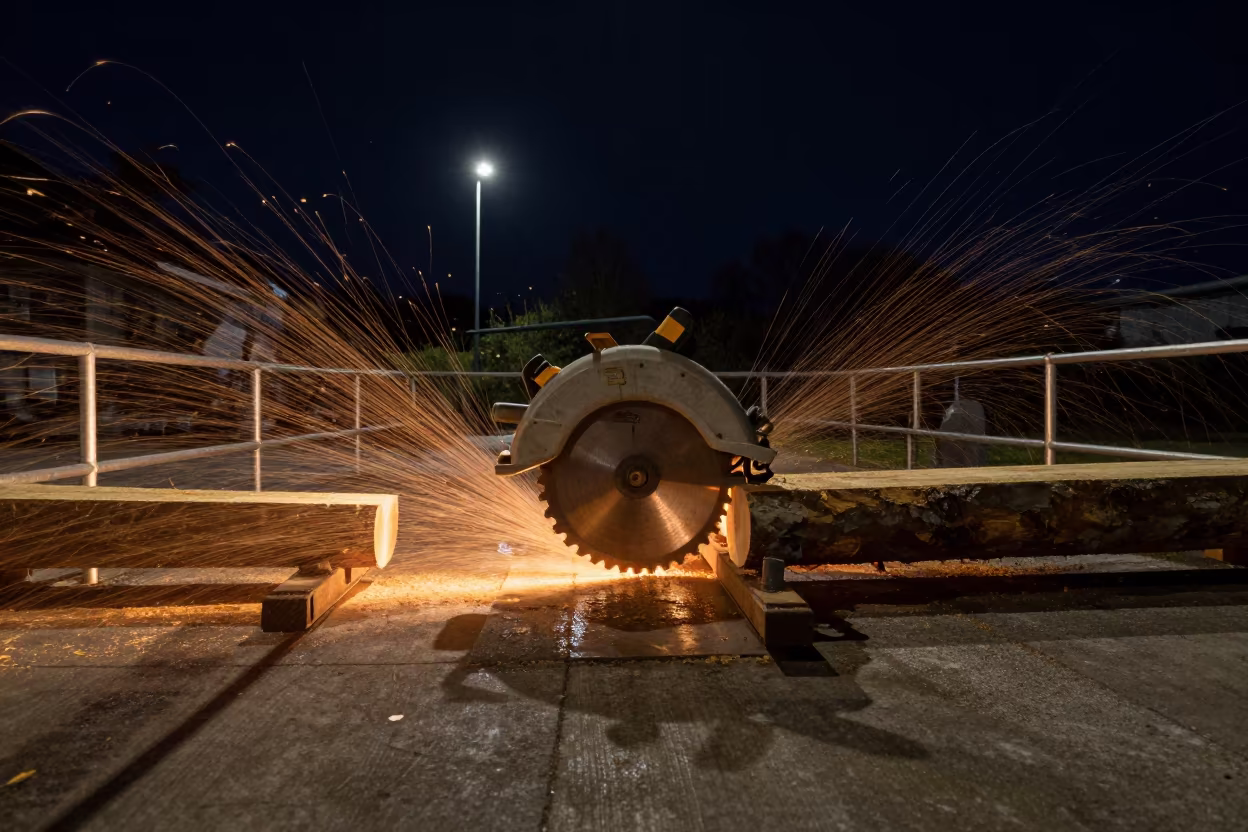 Sawmill Blade Cutting Log at Galway Dock Night in at a loading dock near Galway