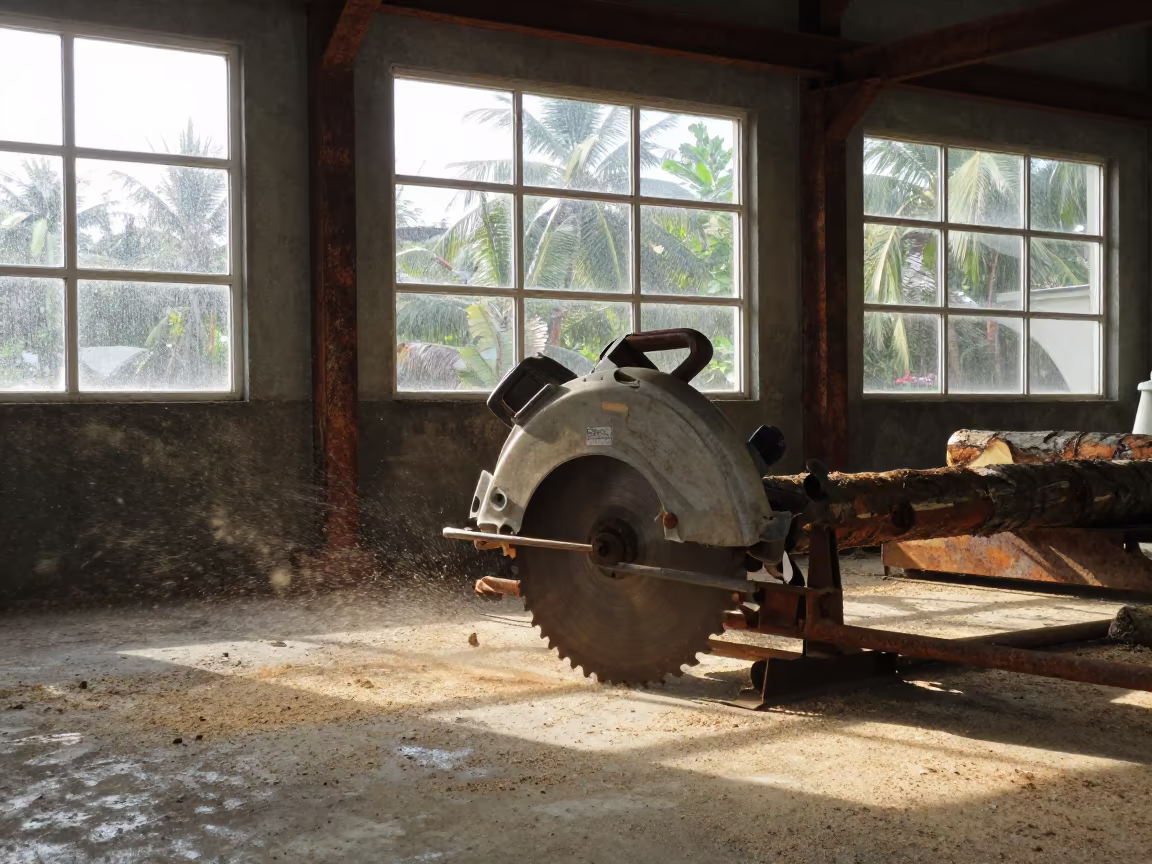 Sawmill Blade Cutting Log Inside Grain Elevator Russeifa in inside a grain elevator near Russeifa