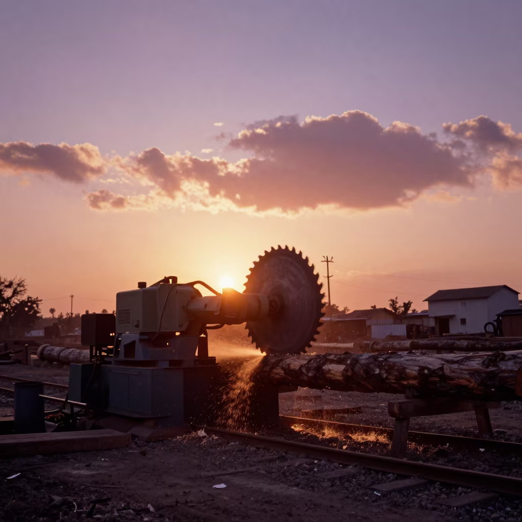 Sawmill Blade Cutting Log at Sunset Rail Yard in at a rail yard near Chiniot