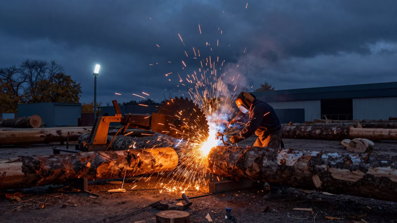 Sawmill Blade Cutting Massive Log at Night in in a welding bay near Hamad Town